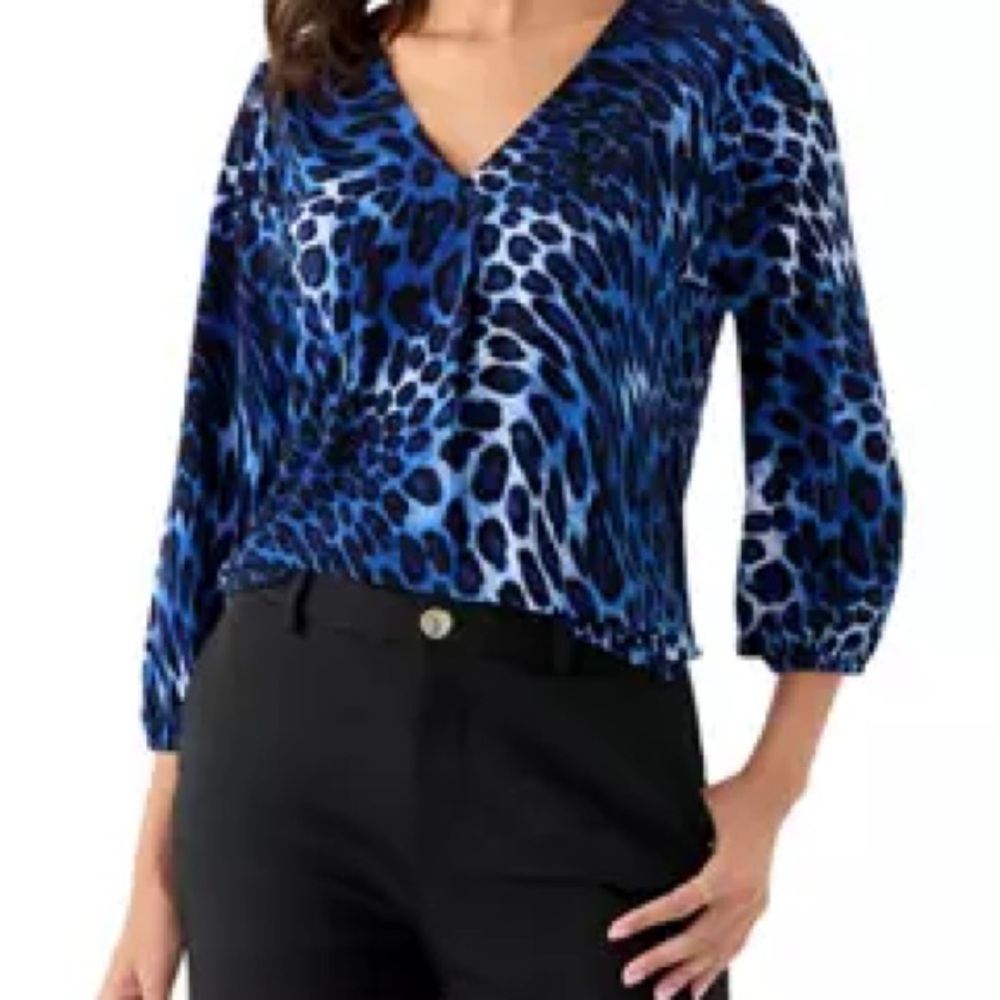 Bold Blue Animal Print Wrap Blouse with Three Quarter Sleeves